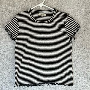 Madewell Medium Black and White Striped Tee with slight ruffled raw edge.